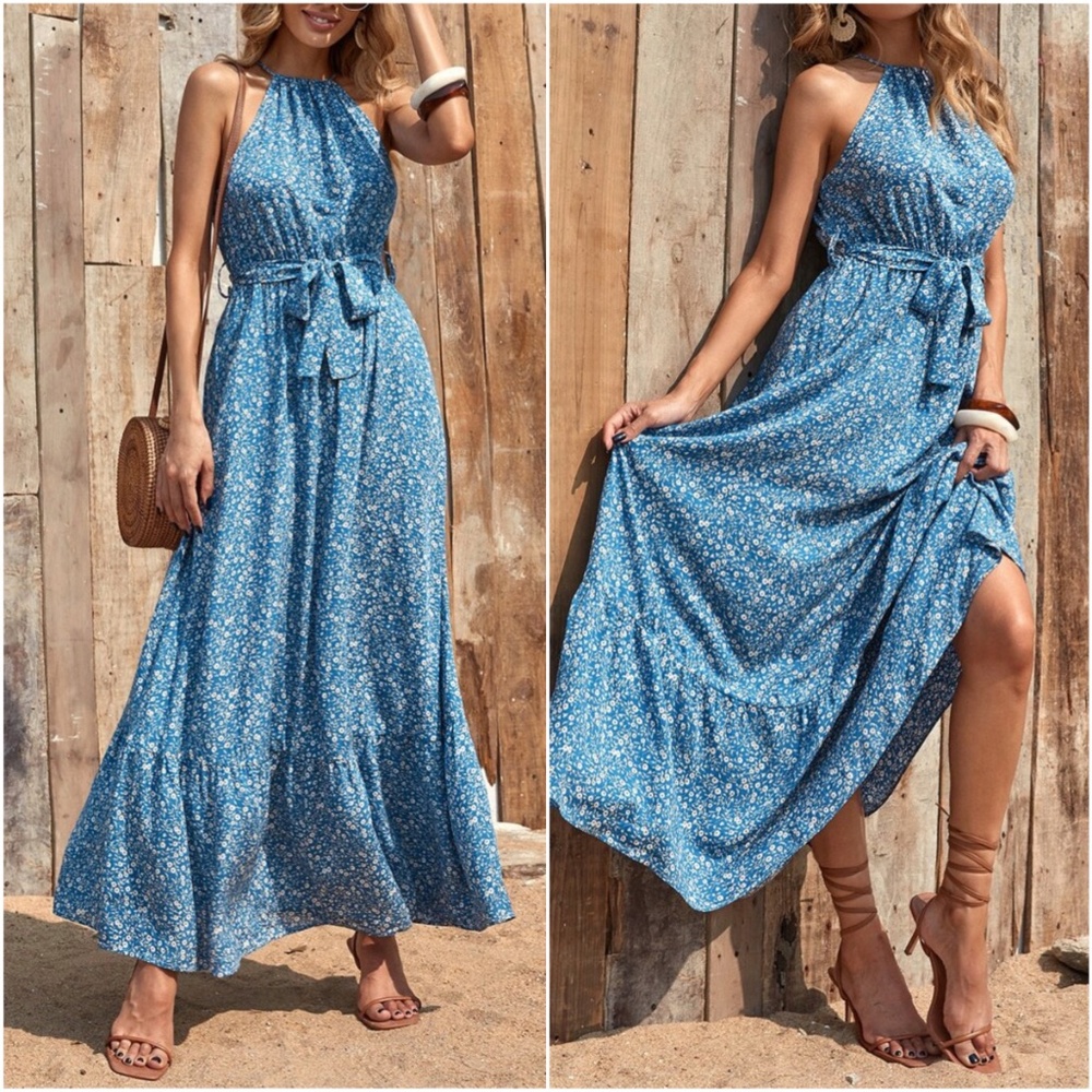 Boho Red Floral Print Ruffle Halter Maxi Dress - Picture 2 of 7